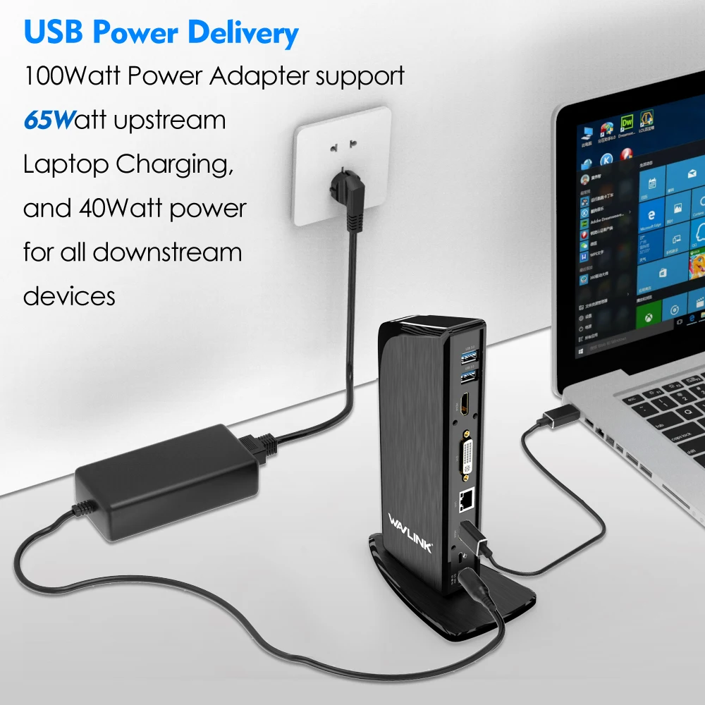 Wavlink Универсальный USB C двойной дисплей док станция с 4K HDMI DVI Gigabit RJ45 60 Вт PD для