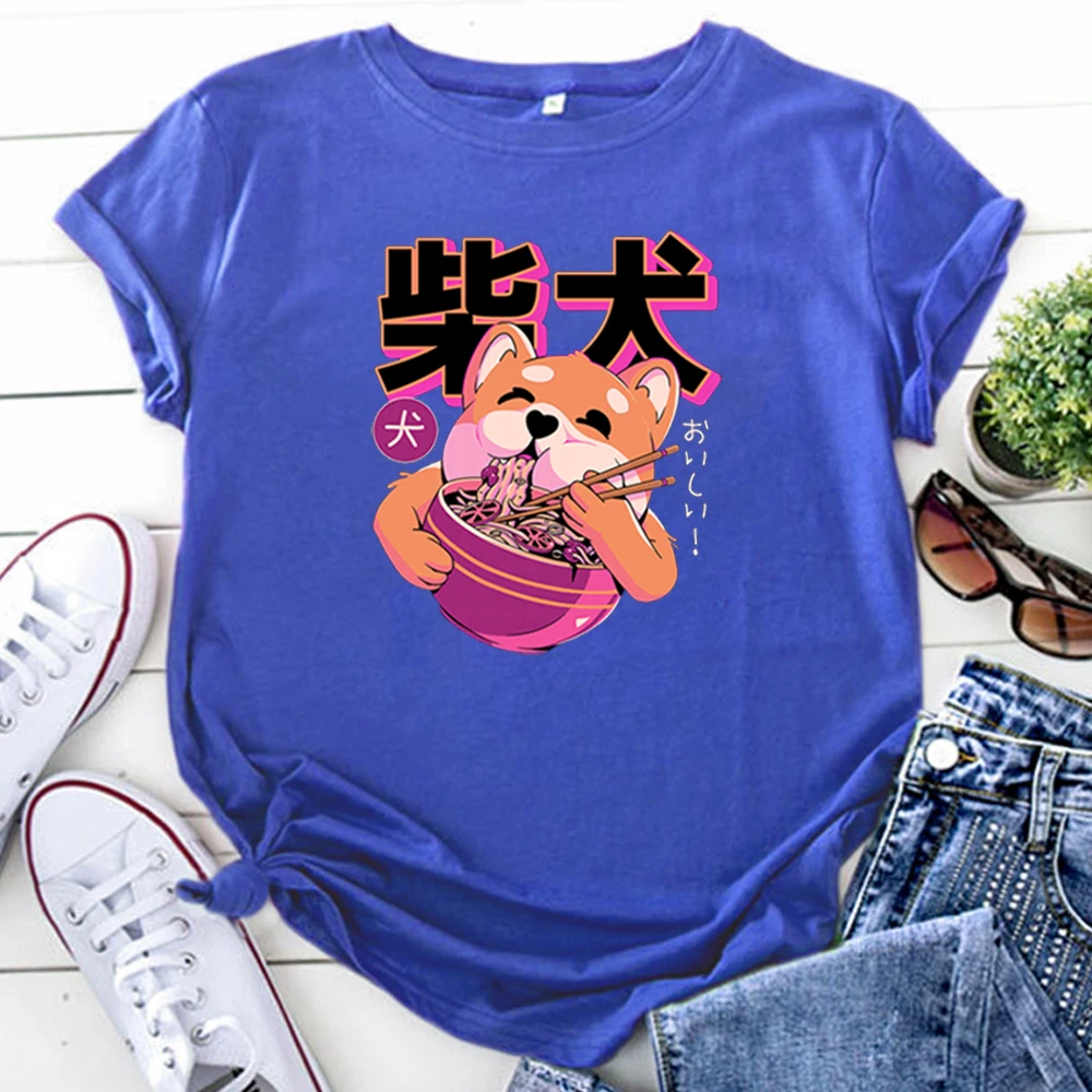 Funny Kawaii Lovely Shiba Cartoon Image Woman Tshirts Roud Neck Cotton T-Shirt For Women Harajuku Fashion Short Sleeve Tops