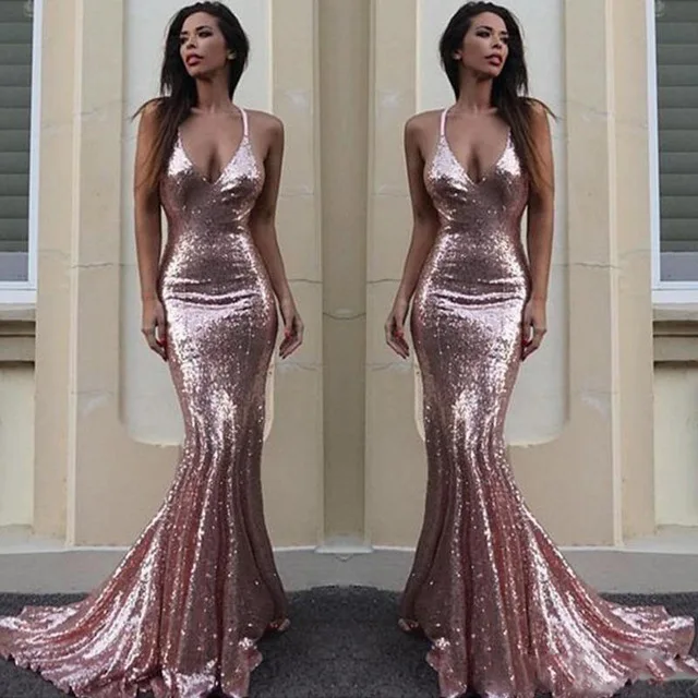 

Rose Gold Sequin Evening Dresses Mermaid Long Sexy V Neck Backless Evening Gowns Formal Dress Vestido De Festa Longo