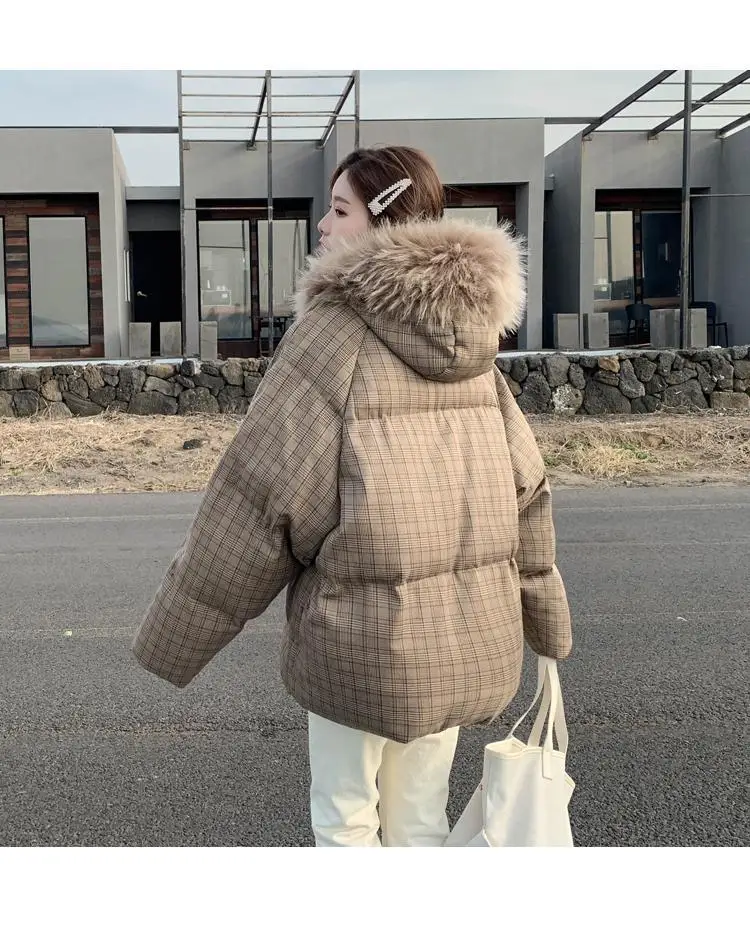 Large Fur Collar Plaid Cotton Coat Women's Short Korean-style New Style Students down Coat CHIC Cotton-padded Jacket Loose