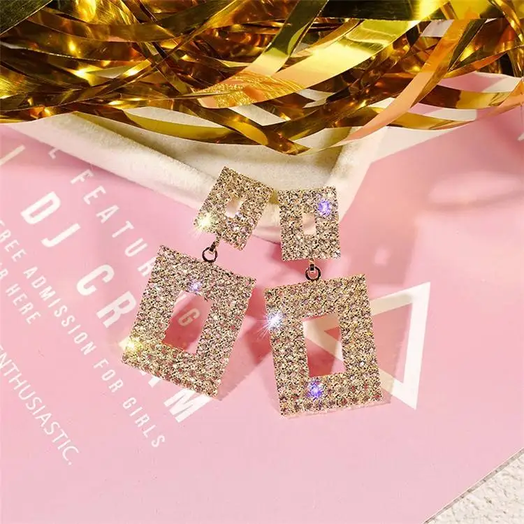 Brincos Para As Mulheres New Arrival High Quality Earrings Simple Design Full Rhinestone Sqaure Earrings For Women - Окраска металла: Gold