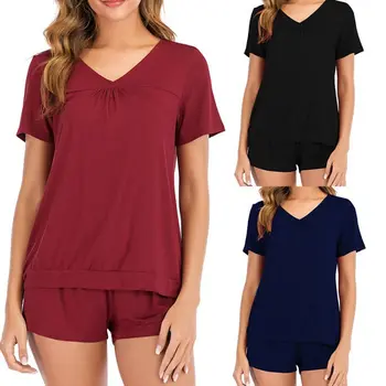 

Summer Pajamas Solid Color Pajamas Simple Sexy Short Sleeve Suit Pajamas for Women Sleepwear Sleep Tops Night Gown