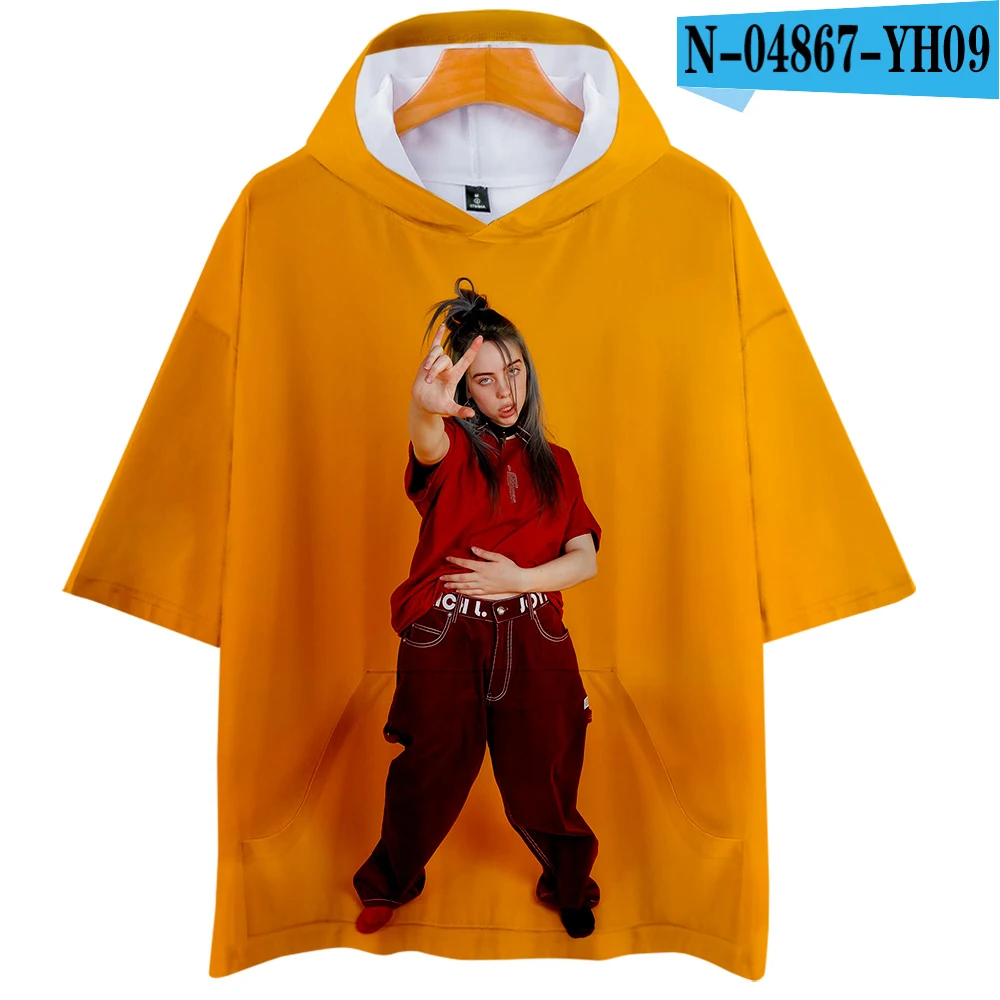 Billie Eilish футболка с капюшоном Женская/мужская летняя/Весенняя новая футболка Свободная крутая дышащая футболка с коротким рукавом с капюшоном модная футболка в стиле панк - Цвет: 3D
