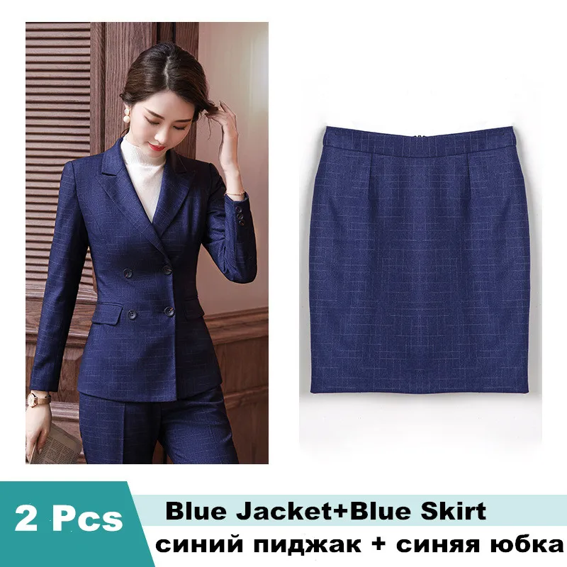 blue skirt suit Женский брючный костюм, клетчатый Блейзер, набор, осень, высококлассный темпераментный костюм, Femme Manager, рабочая одежда, брючный костюм, 80806 - Цвет: blue skirt suit