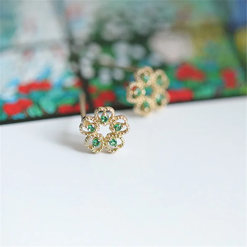 925 Sterling Silver French Simple Pavé Green Crystal Flower Stud Earrings Women Trend Charm Wedding Party Jewelry Gift