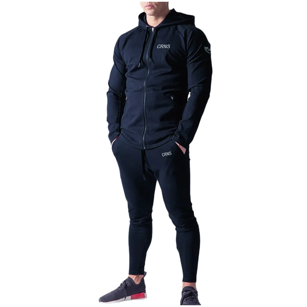 Navy Blue 1 шт., мужской топ+ 1 шт., штаны, мужской однотонный спортивный Костюм, толстовка с капюшоном, одежда для фитнеса на открытом воздухе, комплект из 2 предметов,#30 Костюм мужской - Color: Navy Blue