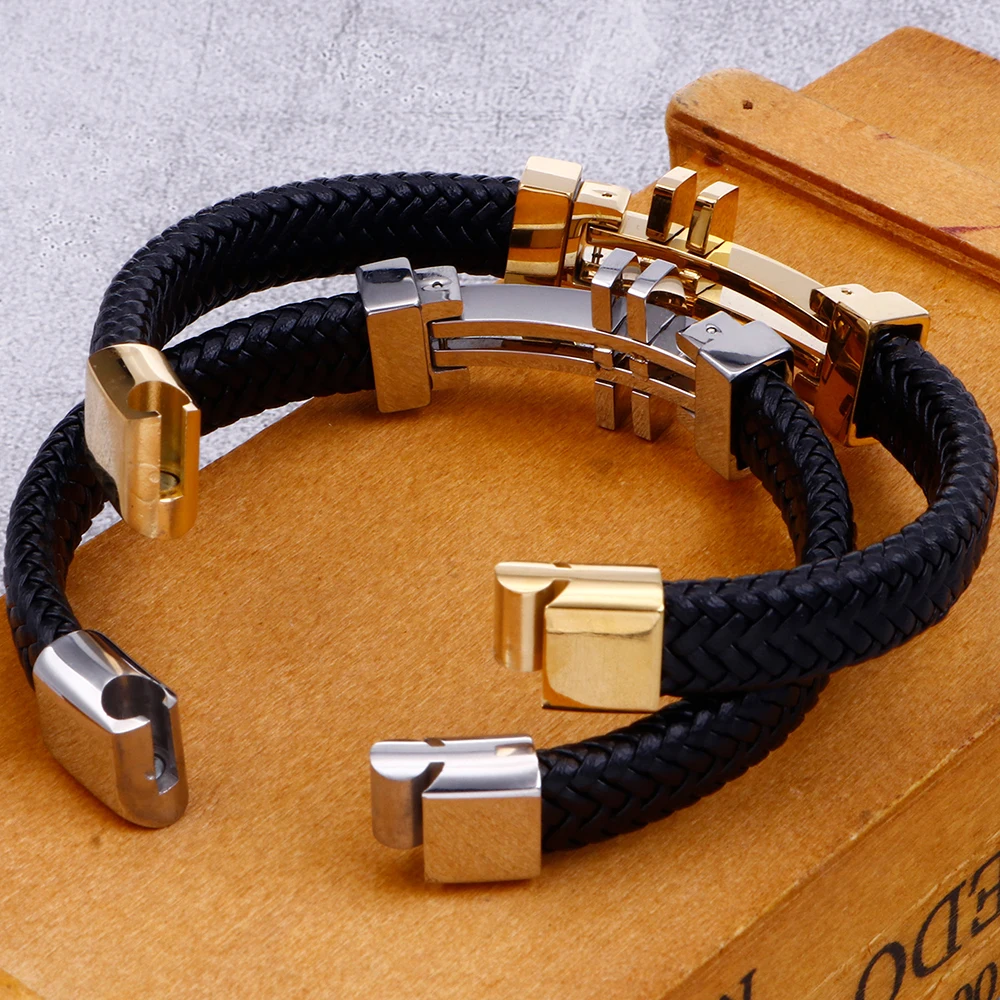 Woven Leather Bracelet Cross Gold Stainless Steel Bracelet - China