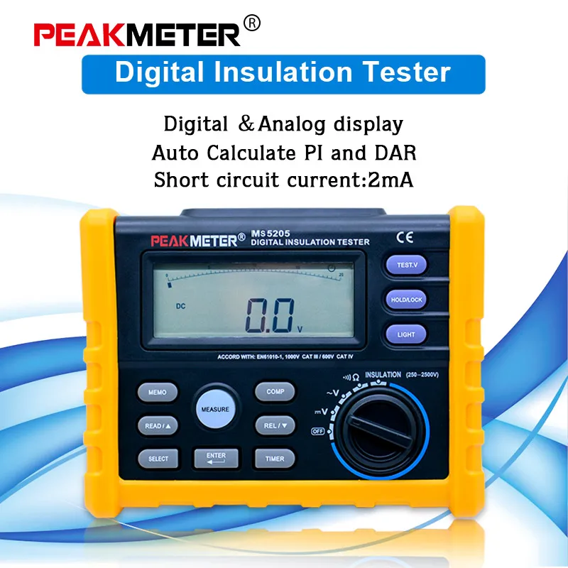 Аналоговый и цифровой тестер сопротивления изоляции PEAKMETER 2500 В MS5205 Мегаомметр 0 01