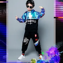 Популярные модели костюмов для мальчиков 5-10 лет, осенний Повседневный свитер с лазерным принтом и буквами для мальчиков, Модный комплект из двух предметов в стиле хип-хоп