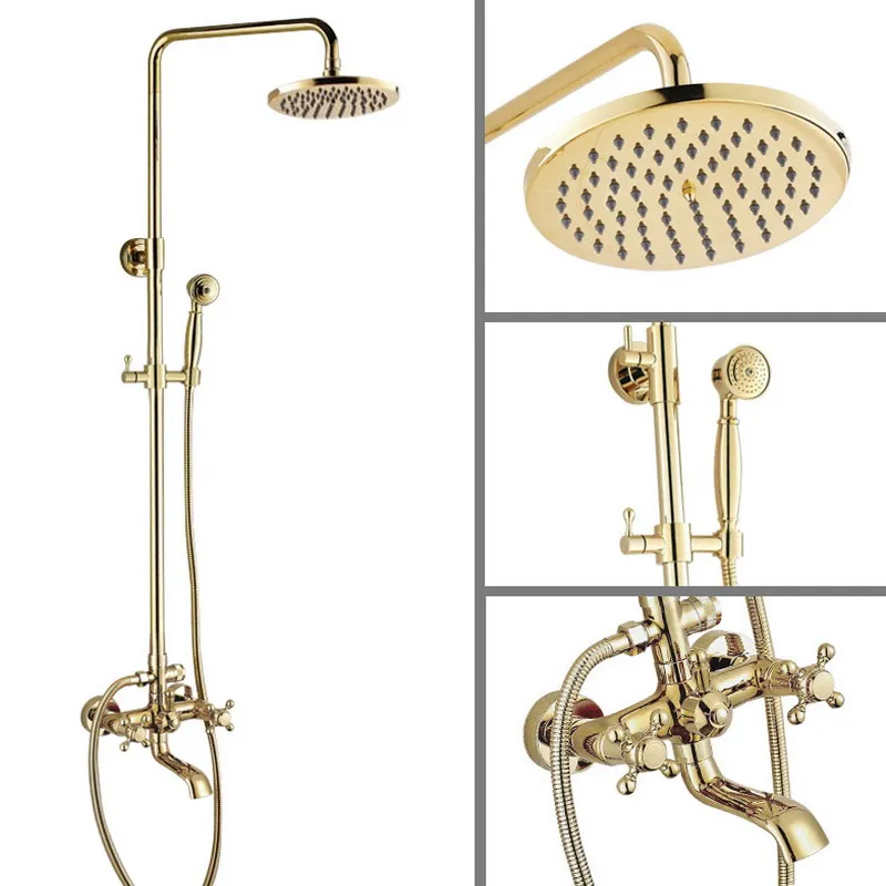 

Gold Color Brass Two Cross Handles Wall Mounted Bathroom Rain Shower Head Bath Tub Faucet Set Telephone Shape Hand Spray mgf384