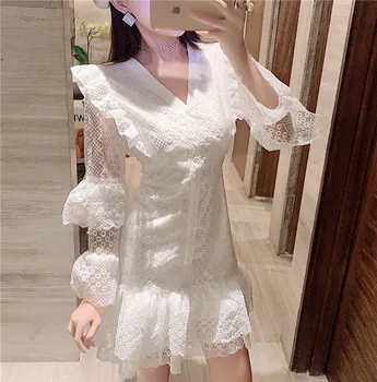 

YAMDI luxury 2020 a-line boho dress vintage dresses women party spring summer runway elegant long sleeve lace solid mini vestido