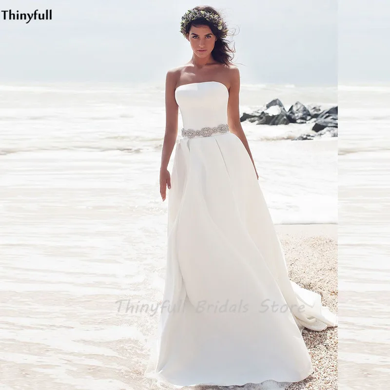 

Thinyfull Strapless Satin Beach Wedding Dresses 2021 Lace-Up Back Simple Boho Country Bridal Gowns Customized Robe De Mariée