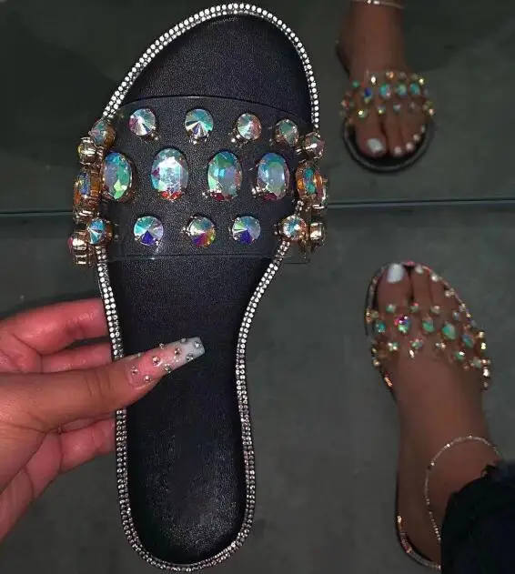 

Red/blue Snake Pattern Gem PVC Slippers Women Outdoor Candy-colored Beach Sandals Spring Summer New Ladies Bright Rhinestones MS