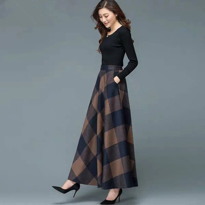

Women's Autumn Winter Retro Loose Printed High Waist Skirt Female Casual Pleated Large Swing Skirt Ankle-Length