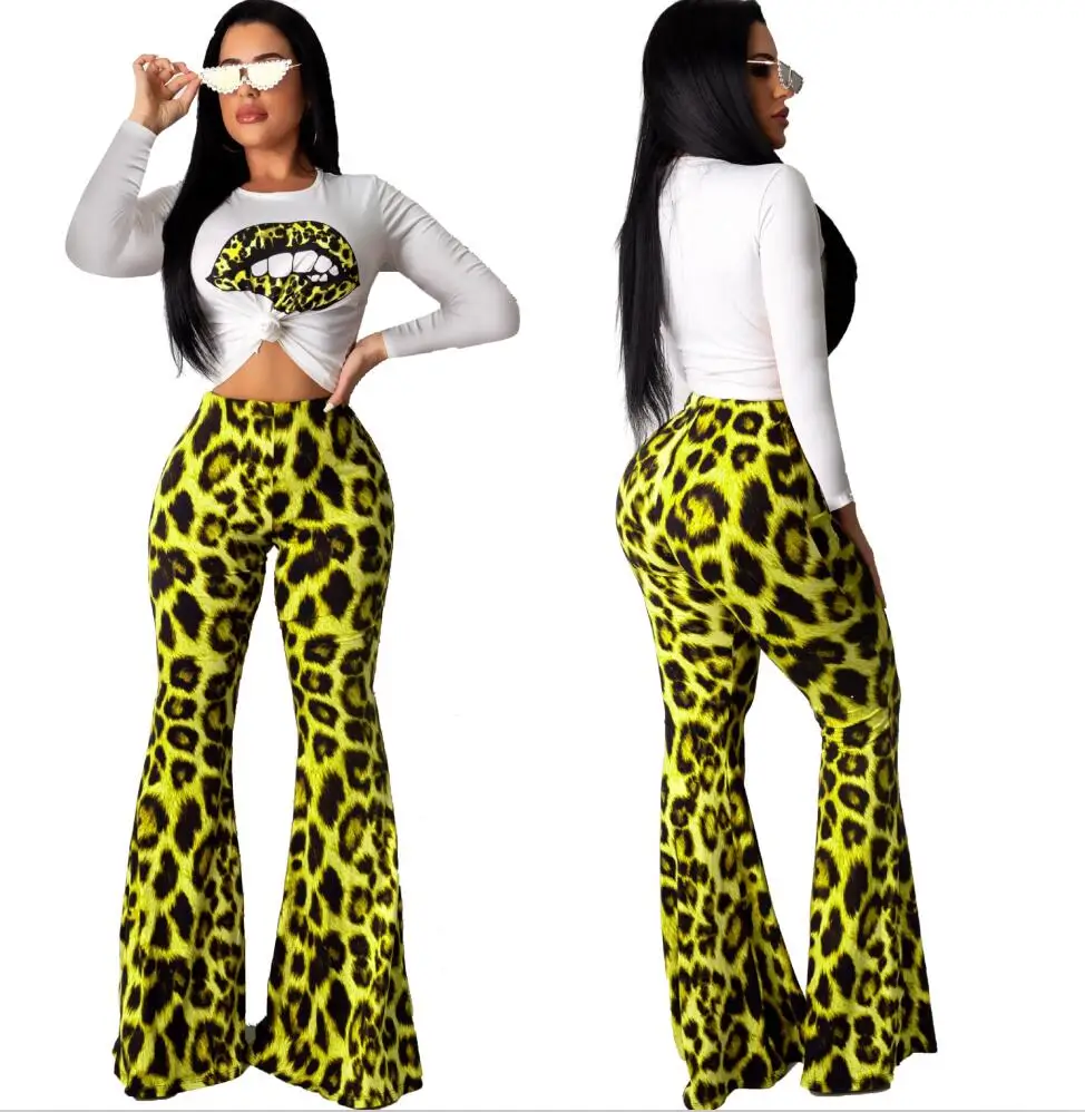 Yellow-Long Sleeve Echoine, 5 цветов, Повседневная футболка с коротким рукавом и принтом мышки, высокая талия, Леопардовый принт, длинные широкие светодиодные ботинки, штаны, комплект из двух предметов - Цвет: Yellow-Long Sleeve