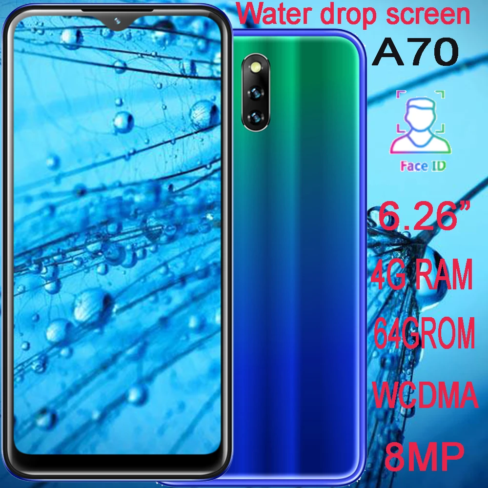 

A70 18:9 water drop screen 6.26" smartphones Quad core 4GRAM 64G ROM 8MP Android MTK face ID unlocked mobile phones wifi WCDMA