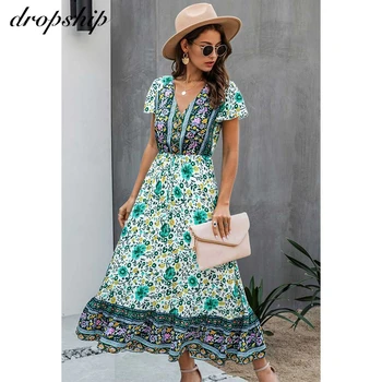 

Dropship Midi Dress For Women Summer Bohemian Floral Ruffles Casual Short Sleeves Midi Dresses Bohemian Floral Summer Dress