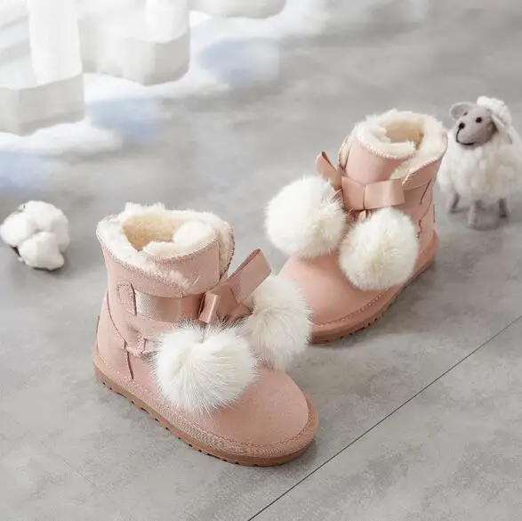 SHUANGGUN New Children Boots For Girls Kids Snow Boots Genuine Sheepskin Leather Natural Fur Warm Winter Shoes#K001