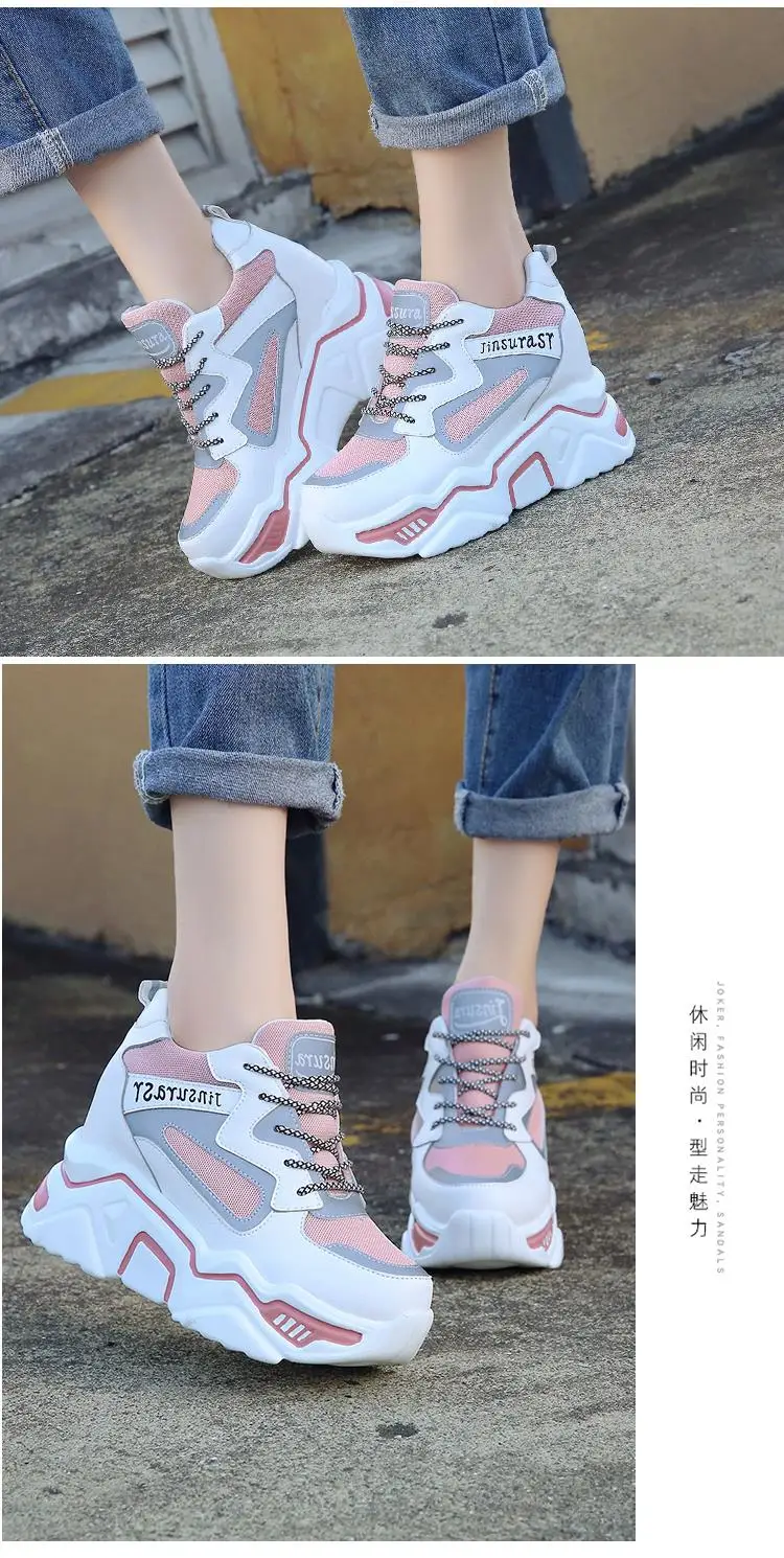 Zapatillas mujer; женские кроссовки на массивной платформе; женская обувь из дышащего сетчатого материала розового цвета на шнуровке; Женская Осенняя повседневная обувь на скрытом каблуке