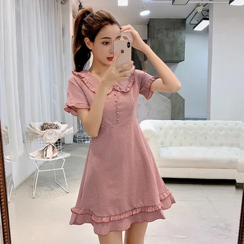 

Women Summer Dresses Plaid Slash peter pan collar Solid Vestidos 2020 flare sleeve A-line High Waist Dress mini Femme sweat