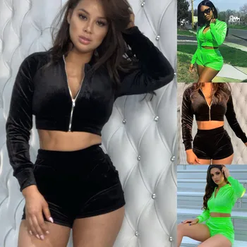 

Fashion Womens Solid Keep Warm Long Sleeve Pocket Zipper Tops Shorts Sports Set Dropshipping fashion size Leisure USA EU free s