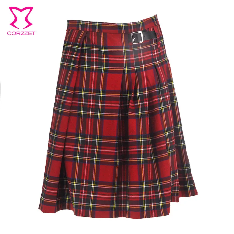 Gothic Punk Kilt Scottish Tartan Dress Red Plaid Pleated Waist Skirt With Faux Leather Buckle Europe Men Clothes 2020 devil fashion punk men s detachable pants steampunk gothic black scotland kilt trousers man casual cotton pants with kilt