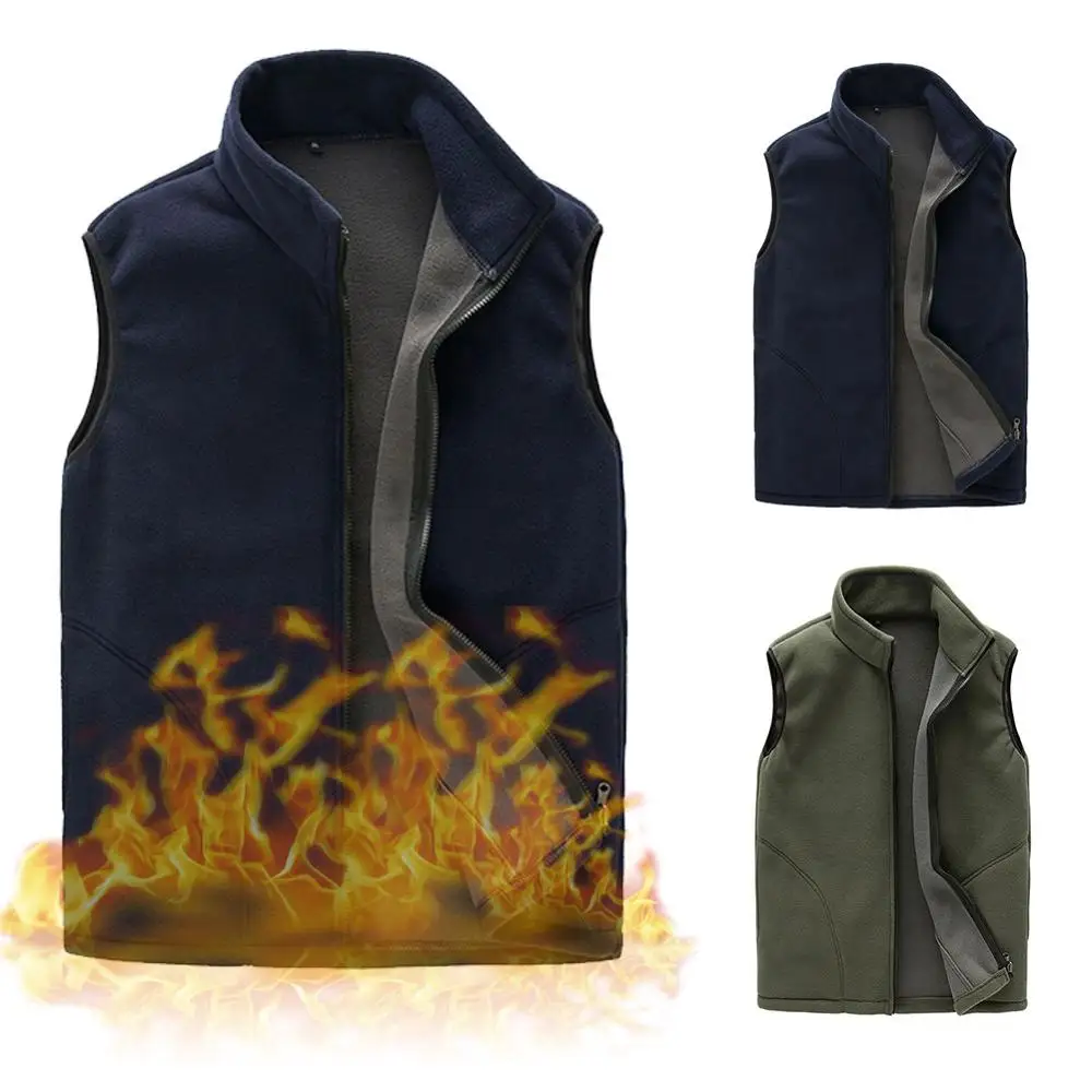

2020 Men's Sleeveless Vest Winter Full-Zip Fleece Vest Warm Stand Collar Spring Soft Solid Color Vest with Pockets 40P