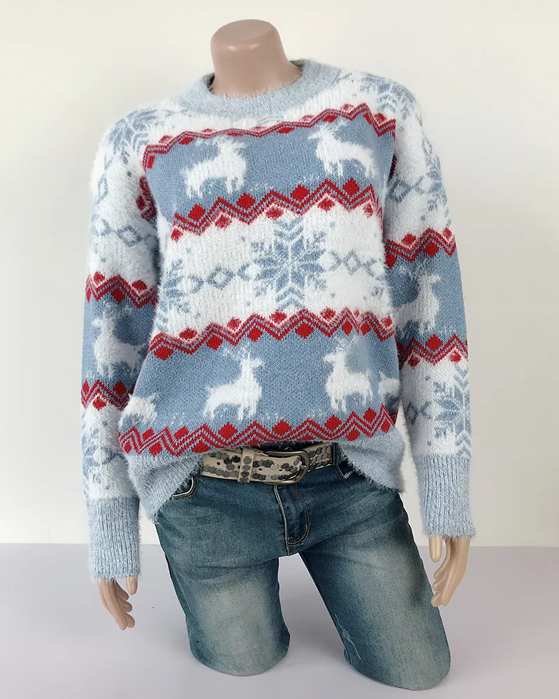 LOGAMI Снежный олень Вязаный рождественский свитер женский пуловер с круглым вырезом и длинными рукавами и свитер осенне-зимний джемпер