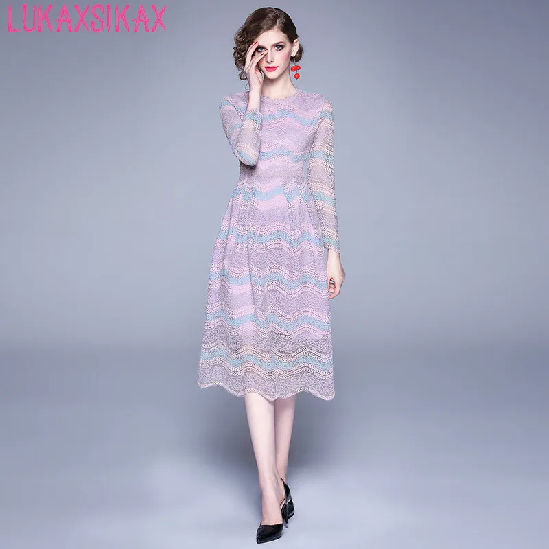 

LUKAXSIKAX 2019 Spring Autumn Women Dress High Quality Contrast Lace Runway Dress Elegant Slim Evening Party Dresses