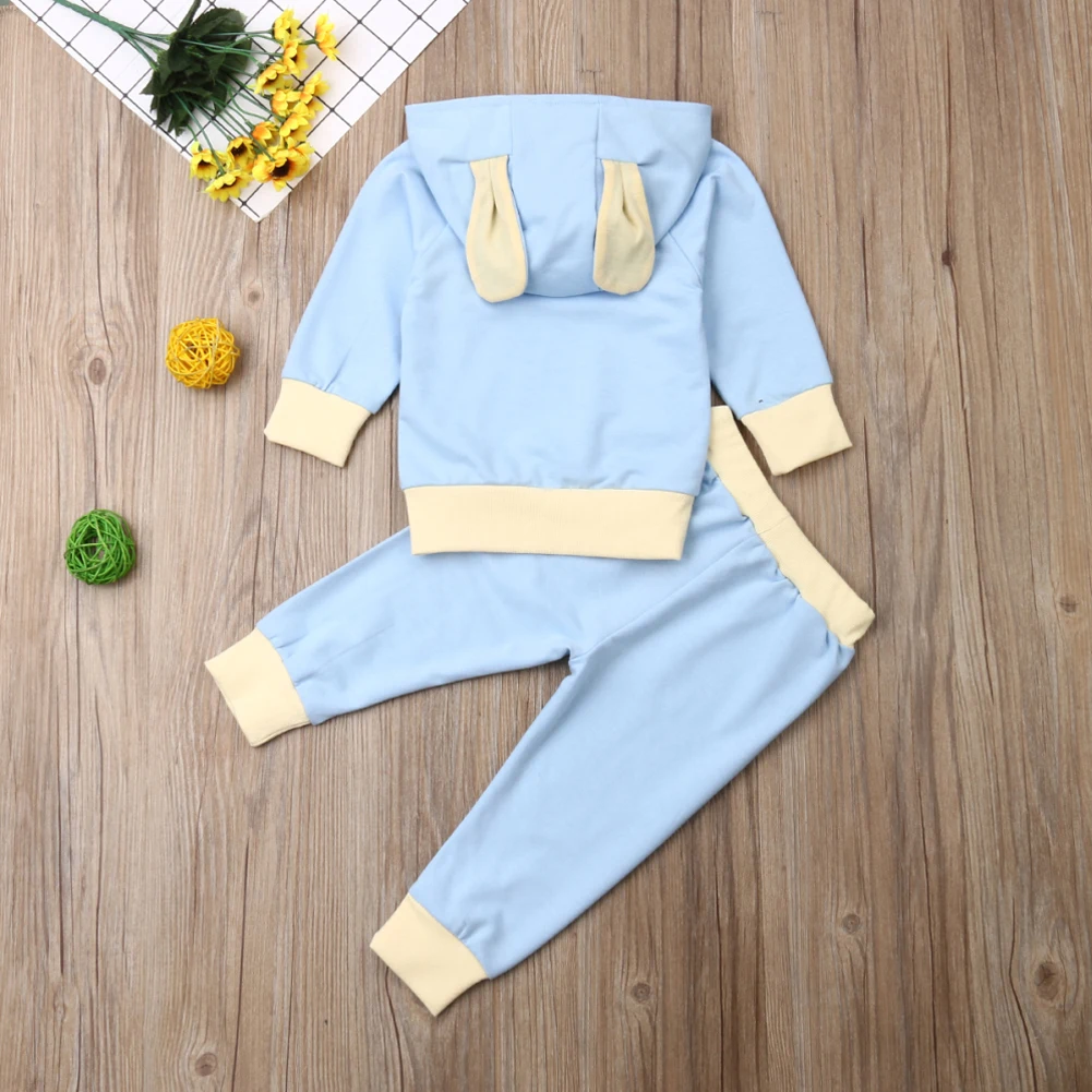 Pudcoco Toddler Kids Baby Girl Solid Color Long Sleeve Rabbit Ears Tops+ Pants Autumn Outfit Set