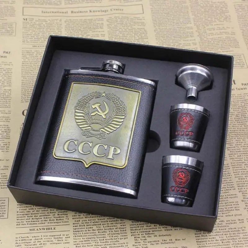 8oz Luxury Stainless Steel Alcohol Hip Flasks Vodka Whiskey Wine Bottle Cups Bottle Set CCCP Engraving Alcohol Container Flask