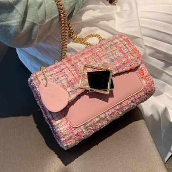 

Sweet Lady Hit color Square bag 2019 Fashion New High Quality Woolen Women's Designer Handbag Lock Chain Shoulder Messenger Bag