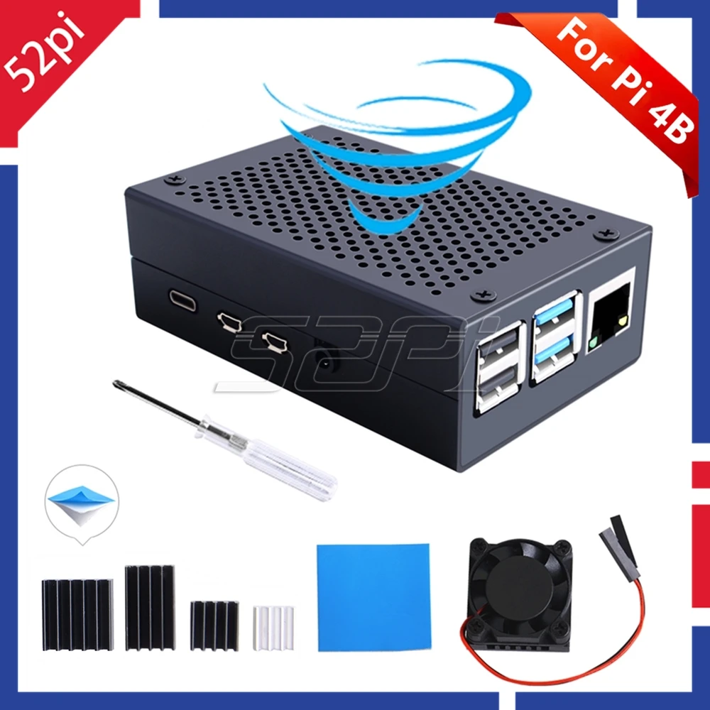 

52Pi Iron Alloy Black Metal Case Silver Enclosure Cover Shell for Raspberry Pi 4B Pi 4 Model B