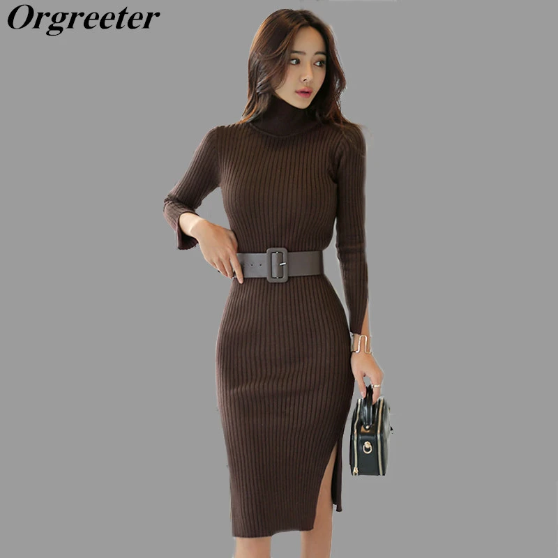 yellow turtleneck sweater dress