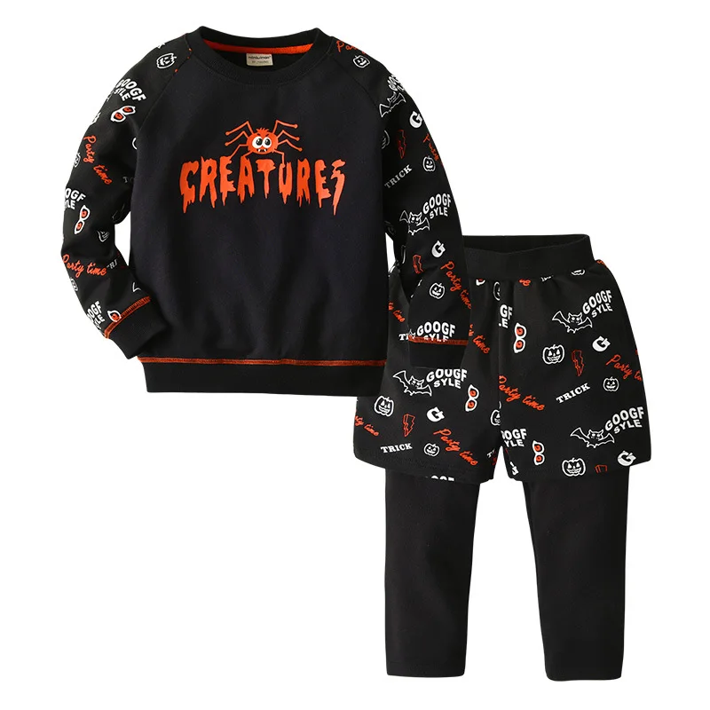 

2019 Autumn Childrenswear Wholesale Western Style Boys Sweater Suit Pure Cotton Printed Spider Children Fake Two-Piece