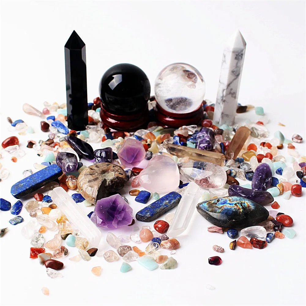 

Colorful Chakra Quartz Crystal Obelisk&Ball&Gravel Mineral Specimens Healing Gems with a pouch