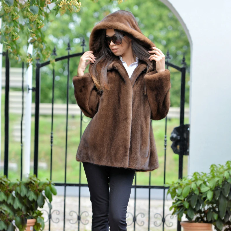 FURSARCAR New Real Whole Skin Brown Mink Fur Women Fashion Winter Coat Luxury Lady Genuine Natural Fur Hooded Jacket Femme
