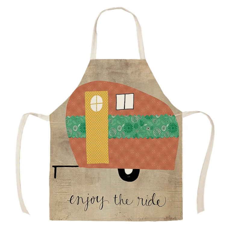 Home Cleaning Tools Cooking Apron Cartoon Happy Life Camper Love Printed Cotton Linen Women Sleeveless Kitchen Aprons WQ1500