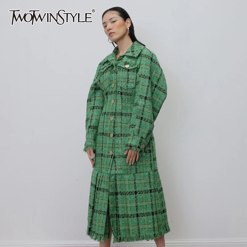 

TWOTWINSTYLE Plaid Ruffle Coats Women Lapel Collar Lantern Long Sleeve High Waist Split Jacket Female 2020 Clothing Fashion Tide