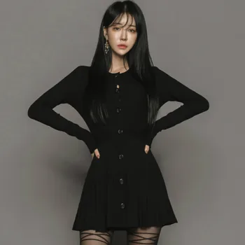 

Winter Black A-Line Knitting Cloth Women Single Breasted Long Sleeved Mini Sweater Cardigan Dress