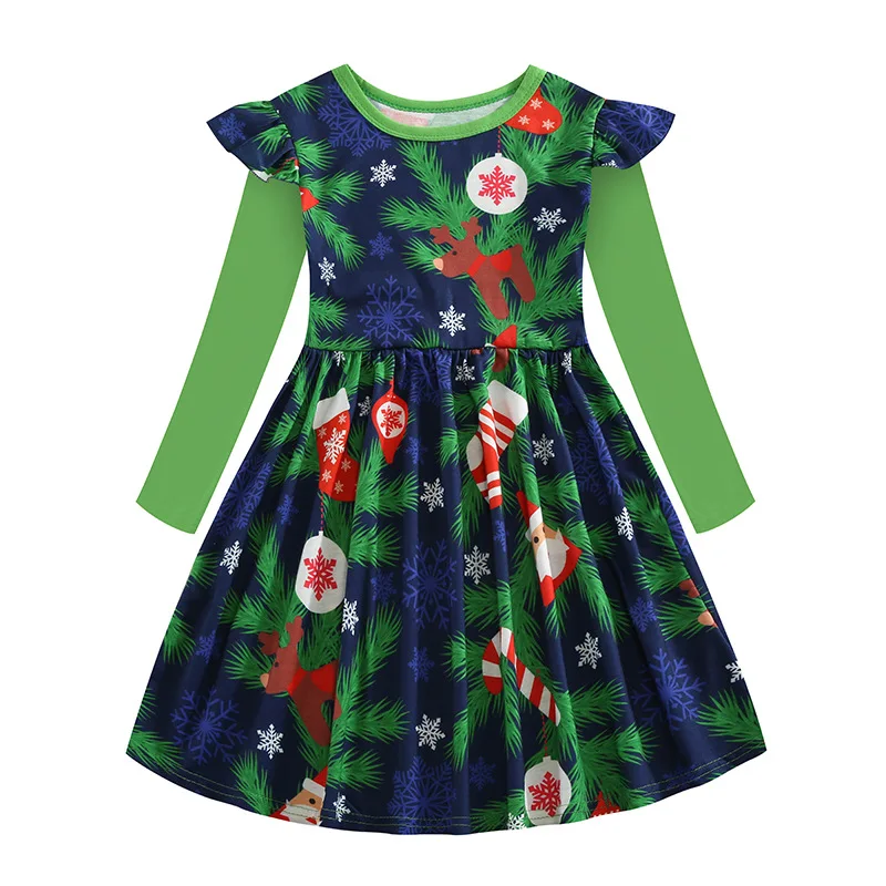 Рождественское платье для маленьких девочек; платье принцессы с героями мультфильмов; Милые Детские платья с рукавами-рюшами и единорогом для девочек; вечерние платья - Цвет: Зеленый