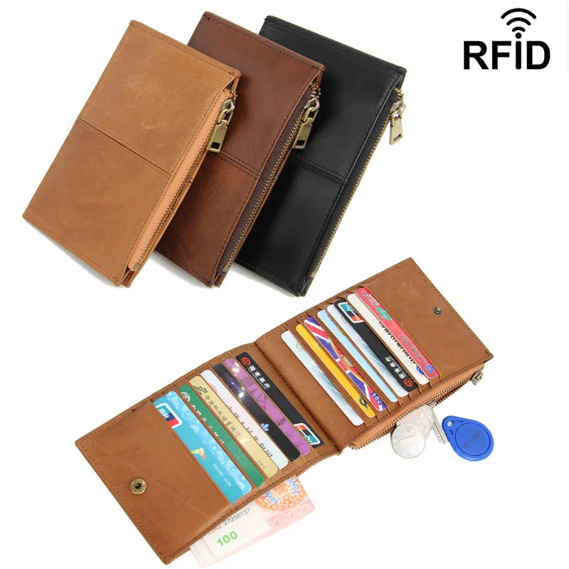 RFID кошелек из натуральной кожи мужской тонкий складной двойной бумажник держатель для карт на молнии мужской кошелек для монет