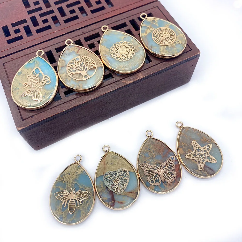 Shoushan Подвеска для ожерелья из натурального камня с краем в форме капли Ретро