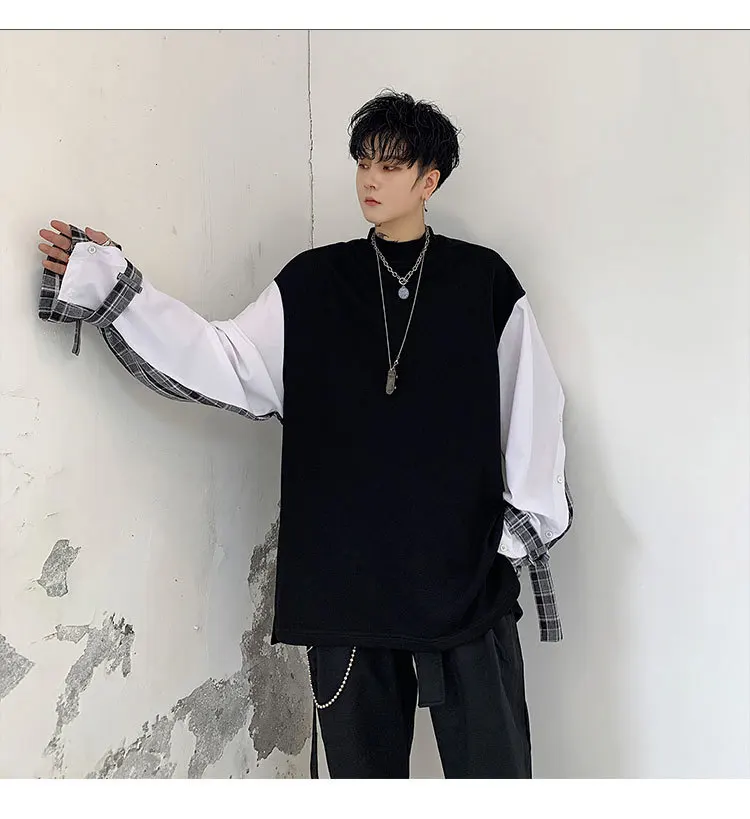 EWQ / Autumn Winter Men's Clothing Tide Personality Lattice Hit Color Patchwork Design Loose Sweatshirt For Male 19H-a213