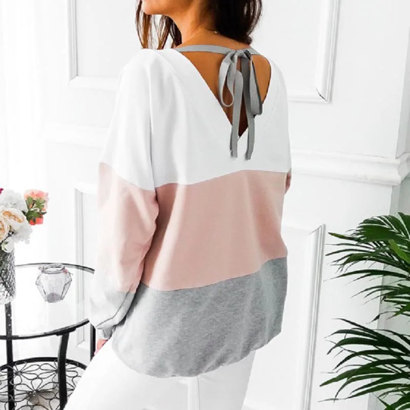 02 pink Fanbety, Женская Осенняя Лоскутная Толстовка, зимние пуловеры с длинным рукавом, толстовки, повседневные, с круглым вырезом, уличная одежда, спортивный костюм, топы, S-XXL - Цвет: 02 pink