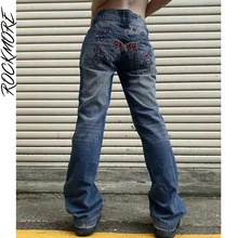 

Rockmore Vintage Embroidery Jeans Women's Baggy Straight Pants 2000s Streetwear Y2K Boyfriend Distressed Wide Leg Denim Trousers