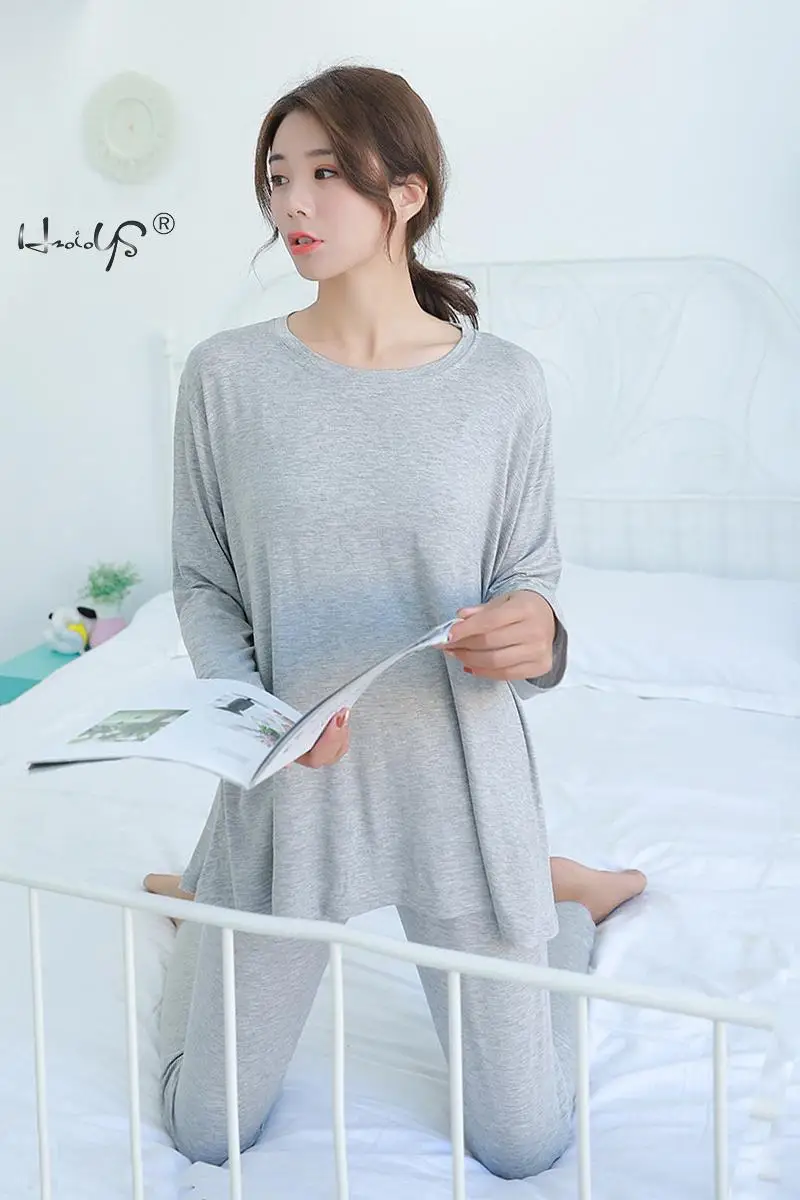 Light Gray Женская одежда для сна, топ с длинными рукавами и штаны, пижамный комплект из модала, хлопковый Пижамный костюм, домашняя одежда, пижама, Пижама для женщин - Color: Light Gray