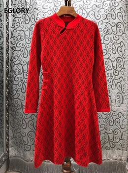 

High Quality Wool Dress 2020 Spring Autumn Knitwear Women Geometric Patterns Knitting Long Sleeve Red Sweater Dress Pullovers