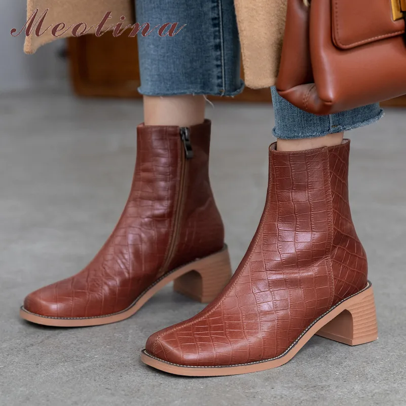 

Meotina Autumn Ankle Boots Women Natural Genuine Leather Thick High Heels Short Boots Zipper Square Toe Shoes Female Size 33-41