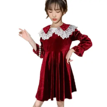

Girl Gold Velvet Autumn Winter Dress 2020 Girls Kids Teens Lace Flower Princess Elegant Dresses Children Clothes 4-14 Years Old
